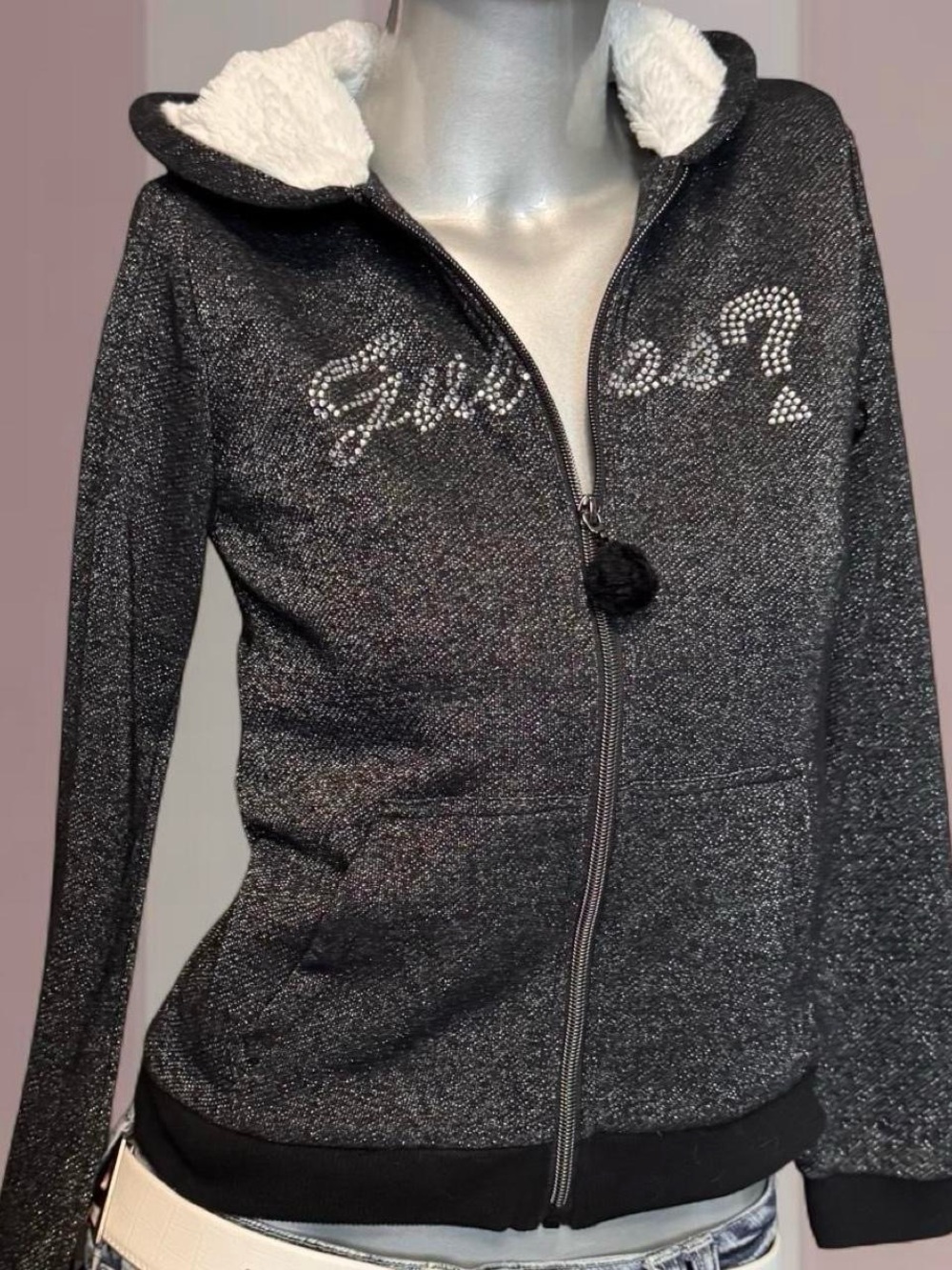 Guess Y2K Shimmer Pom-Pom Zipper Hoodie